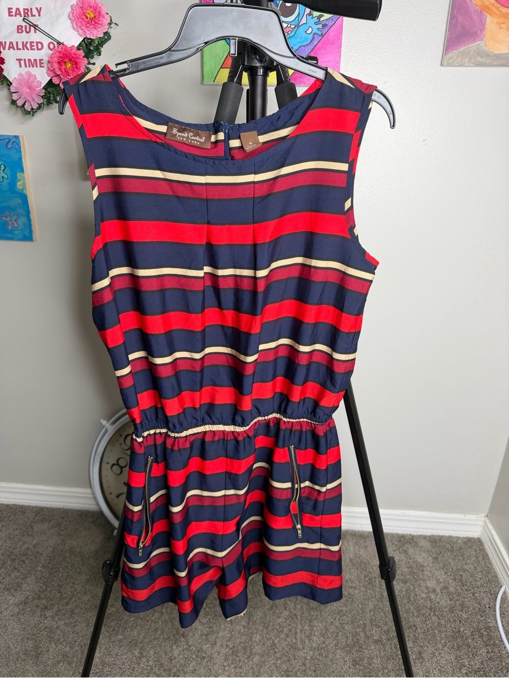 Speed Control Red, Navy & Cream Striped Sleeveless Dress